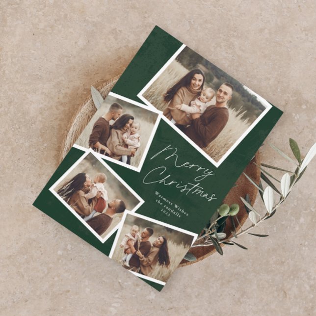 Modern Script Merry Christmas Photo Collage  Holiday Card (Modern Elegant Script 4 Photo Collage Merry Christmas Holiday Card)