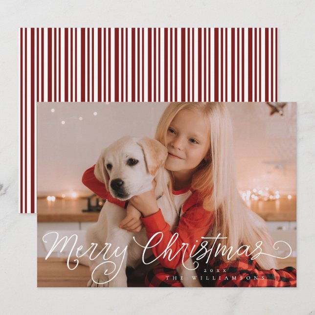 Modern Script Merry Christmas photo Holiday Card (Front/Back)