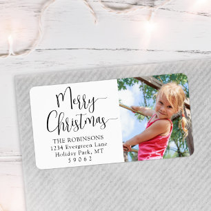 Modern Script Merry Christmas Photo Return Address Label