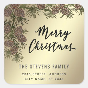 Modern script Merry Christmas pine branch Label
