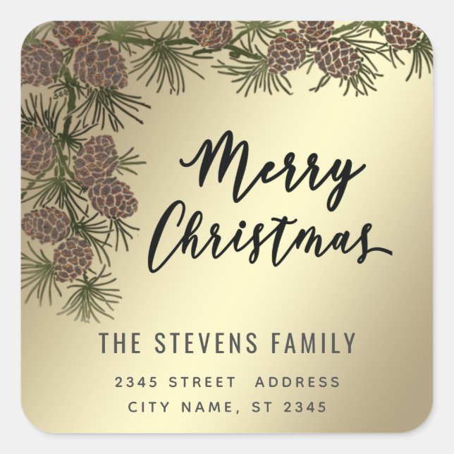 Modern script Merry Christmas pine branch Label (Front)