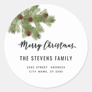 Modern script Merry Christmas pine branch Label