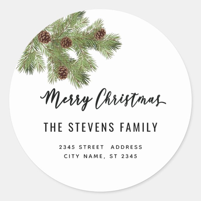 Modern script Merry Christmas pine branch Label (Front)