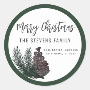 Modern script Merry Christmas pine cone branch Cla Classic Round Sticker