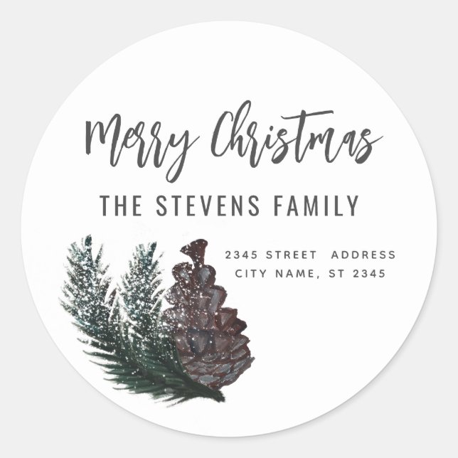 Modern script Merry Christmas pine cone branch Classic Round Sticker (Front)