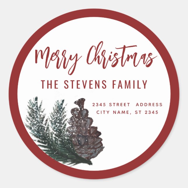 Modern script Merry Christmas pine cone branch  Classic Round Sticker (Front)