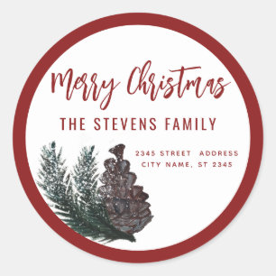Modern script Merry Christmas pine cone branch Classic Round Sticker