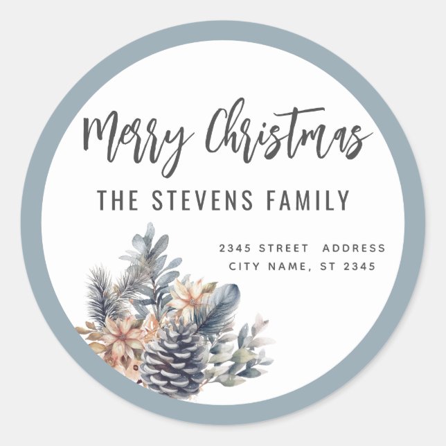 Modern script Merry Christmas pine cone floral Classic Round Sticker (Front)