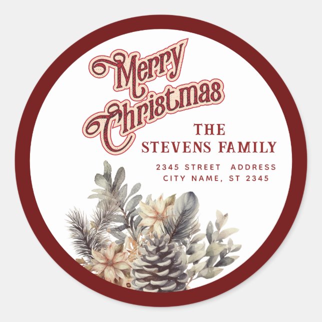 Modern script Merry Christmas pine cone floral Classic Round Sticker (Front)