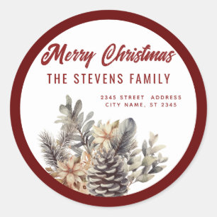 Modern script Merry Christmas pine cone floral Classic Round Sticker