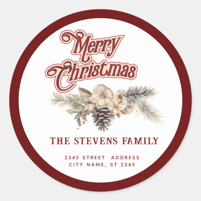 Modern script Merry Christmas pine cone floral  Classic Round Sticker (Front)