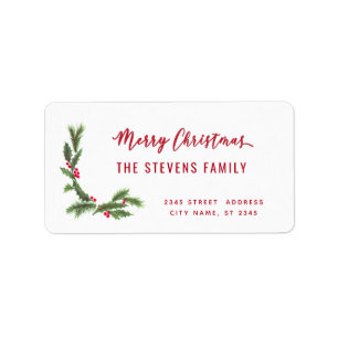 Modern script Merry Christmas red  holly  Label