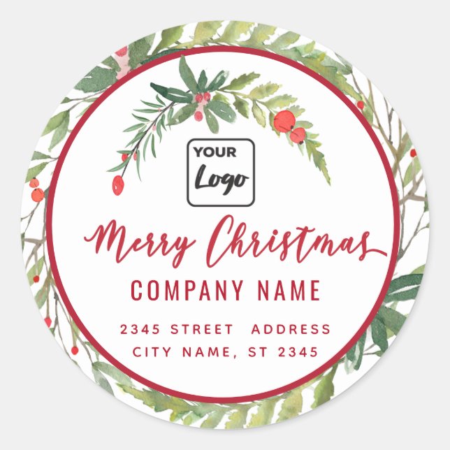 Modern script Merry Christmas red holly logo Class Classic Round Sticker (Front)