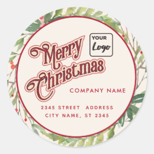 Modern script Merry Christmas red holly logo Class Classic Round Sticker