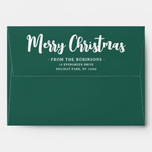Modern Script Merry Christmas Return Address Green Envelope