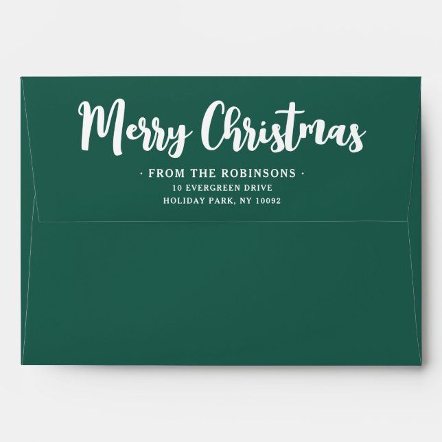 Modern Script Merry Christmas Return Address Green Envelope (Back (Top Flap))