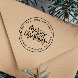 Modern Script Merry Christmas Round Return Address Self-inking Stamp
