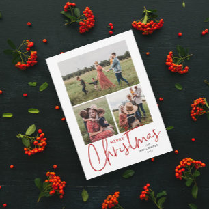 Modern Script Merry Christmas Simple 3 Photo Holiday Card