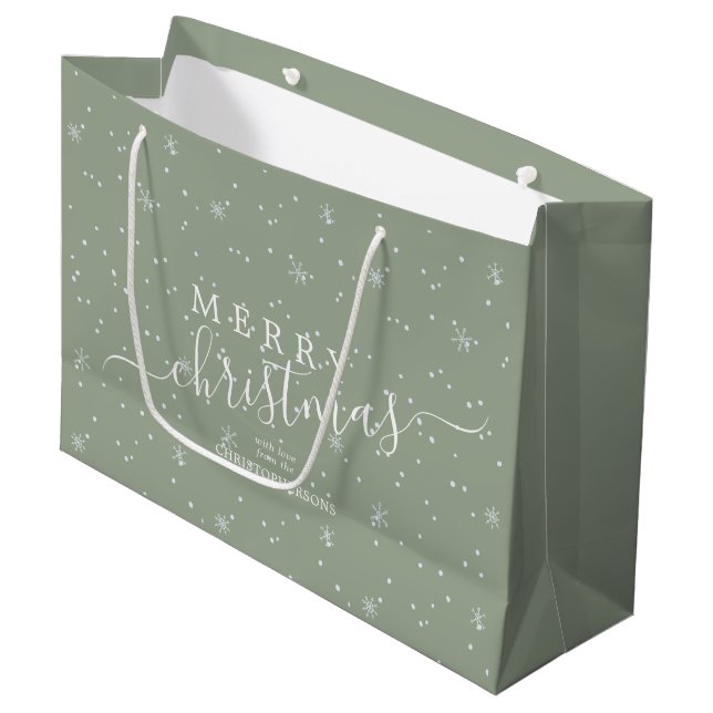 Modern Script Merry Christmas Snow Sage Green Name Large Gift Bag (Front Angled)