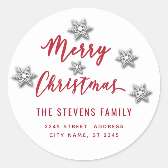 Modern script Merry Christmas snowflakes Classic Round Sticker (Front)