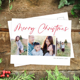 Modern Script Merry Christmas Three Photo Holiday Postcard