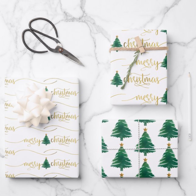Modern Script Merry Christmas Tree Gold Green Wrapping Paper Sheet (Front)