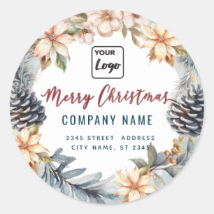 Modern script Merry Christmas wreath logo Classic Round Sticker