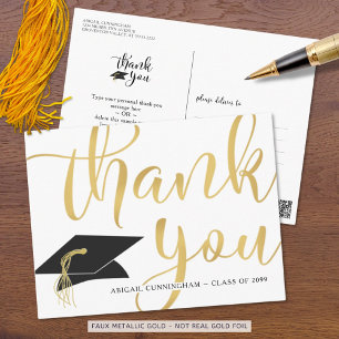 Modern Script Metallic Gold Graduation Thank You Postcard