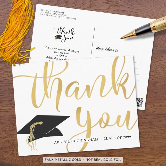 Modern Script Metallic Gold Graduation Thank You Postcard (Creator Uploaded)