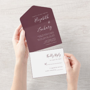 Modern Script Minimal Burgundy Wedding All In One Invitation