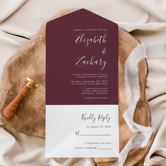 Modern Script Minimal Burgundy Wedding All In One Invitation (Creator Uploaded)
