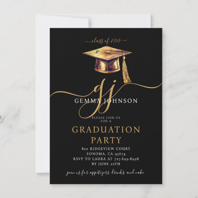 Modern Script Minimal Graduation Party Gold Black Invitation (Front)