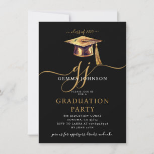 Modern Script Minimal Graduation Party Gold Black Invitation