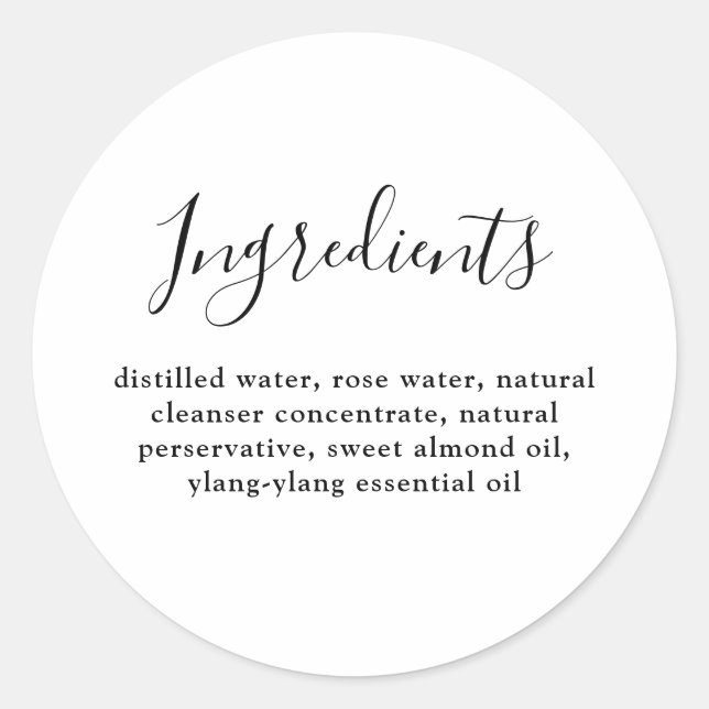 Modern Script Minimal Ingredients Beauty Product Classic Round Sticker (Front)