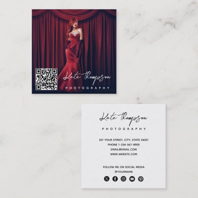 Modern Script Minimal Photo QR Code Social Media Square Business Card (Front/Back)