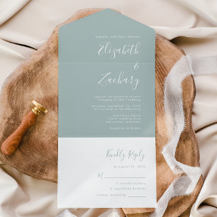Modern Script Minimal Sea Glass Wedding All In One Invitation