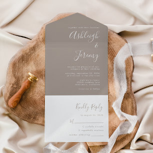 Modern Script Minimal Taupe Wedding All In One Invitation