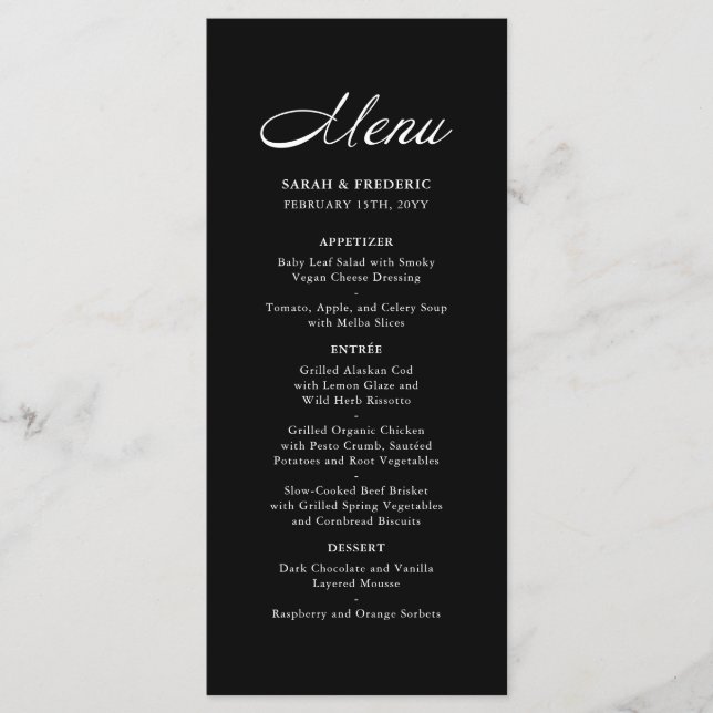 Modern Script Minimalist Black Wedding Menu (Front)