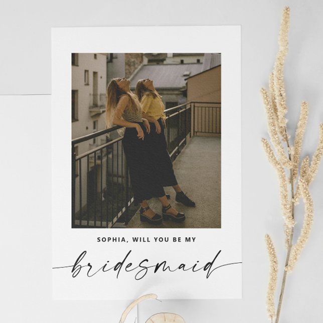 Modern Script Minimalist Bridesmaid Proposal Photo Postcard (Creator Uploaded)