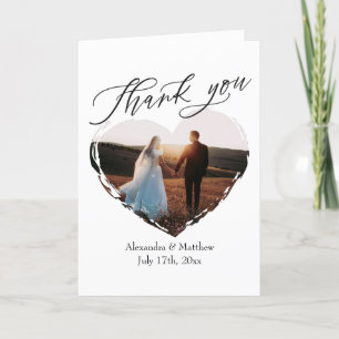 Modern Script Minimalist Heart Photo Wedding Thank You Card