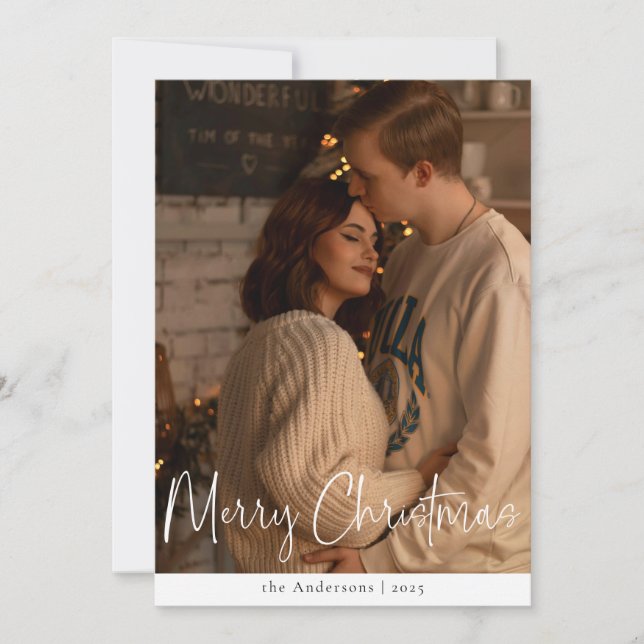 Modern Script Minimalist Photo Red Christmas Holiday Card (Front)