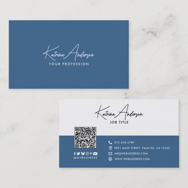 Modern Script Minimalist QR Code Social Media Business Card (Front/Back)