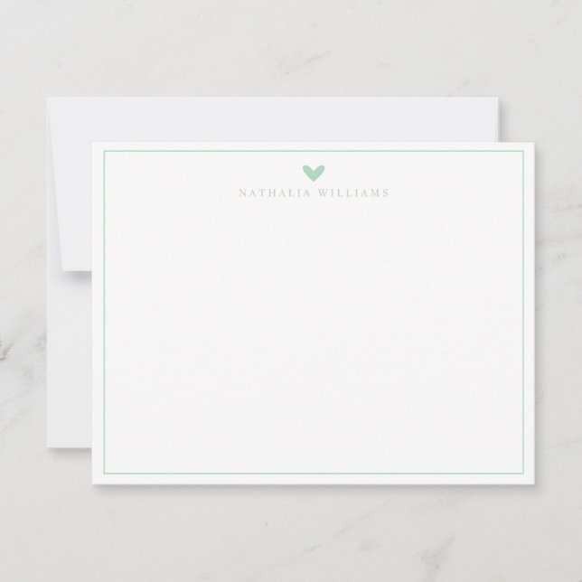 Modern Script Mint Green Heart Border Monogram Card (Front)
