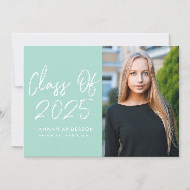 Modern Script Mint Green Photo Graduation Party Invitation (Front)