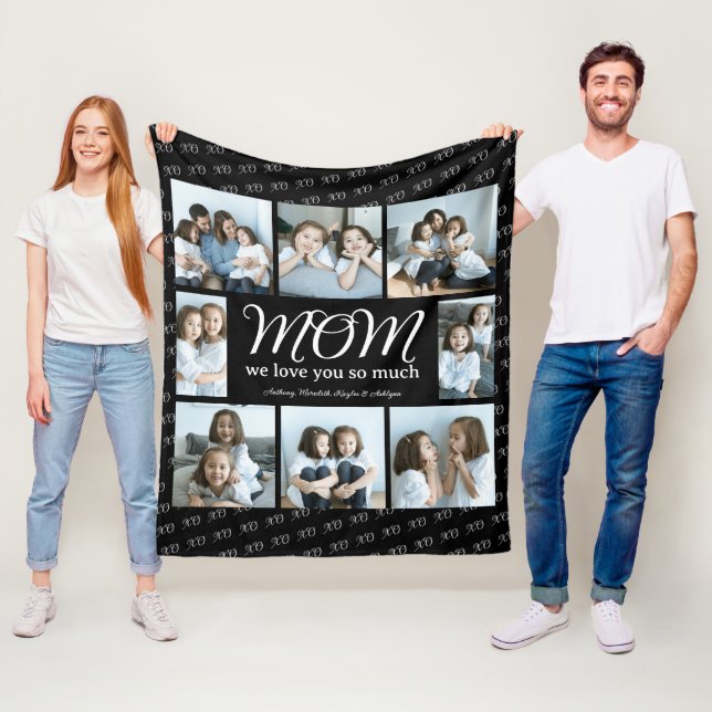 Modern Script Mom We Love You Photo Collage XO  Fleece Blanket (In Situ)