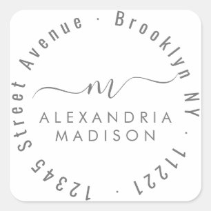 Modern Script Monogram Address Silver Grey Square Sticker