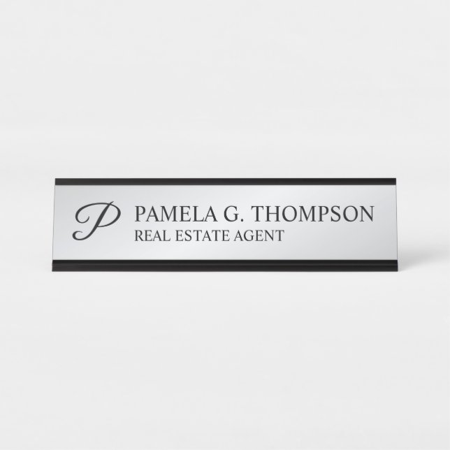 Modern Script Monogram Black and Silver Desk Name Plate (Front)