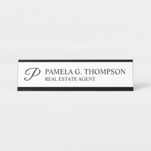 Modern Script Monogram Black and White Desk Name Plate