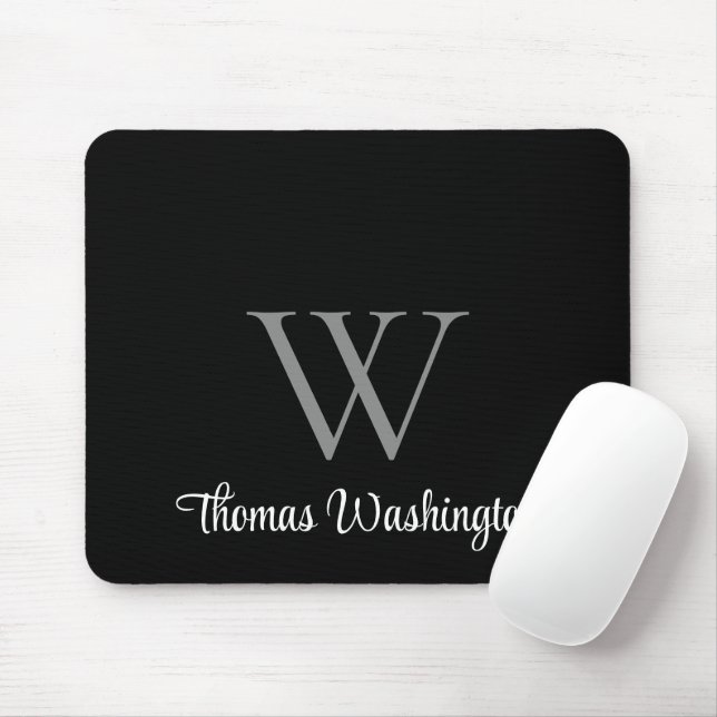 Modern Script Monogram Black Mouse Mat (With Mouse)