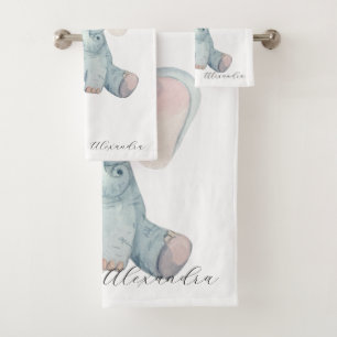 Modern script monogram cute animal elephant blue bath towel set